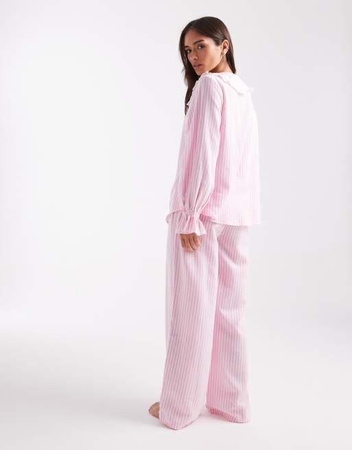 Miss Selfridge - Pink pyjamassæt med bukser med vide ben og striber i bomuld, 4 af 4
