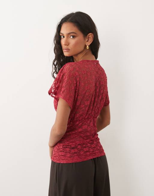 Miss Selfridge - Pink top med flagermusærmer og indsyet talje i blondestof, 4 af 4
