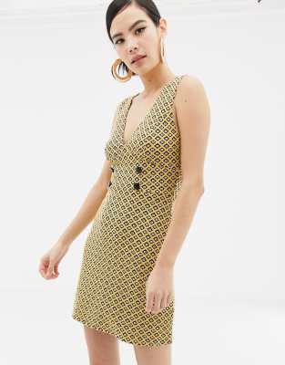 Miss Selfridge pinny dress with button detail in yellow jacquard