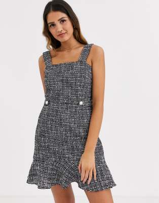 Miss Selfridge pinny dress with frill hem in check-Black