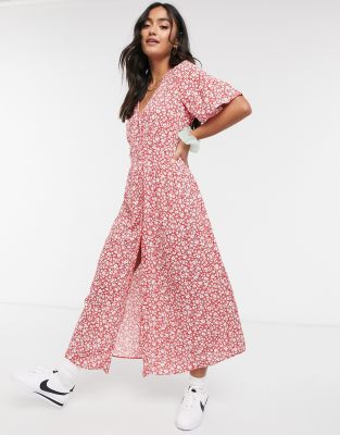 red ditsy floral midi dress