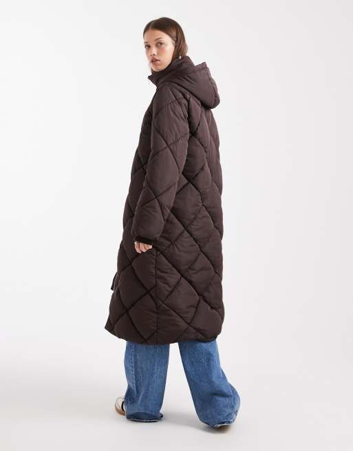 Miss Selfridge - Piumino lungo trapuntato color cioccolato con cappuccio, 4 di 4