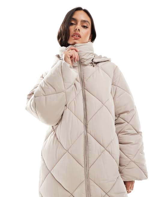 Miss Selfridge - Piumino lungo trapuntato color fungo con cappuccio, 4 di 4