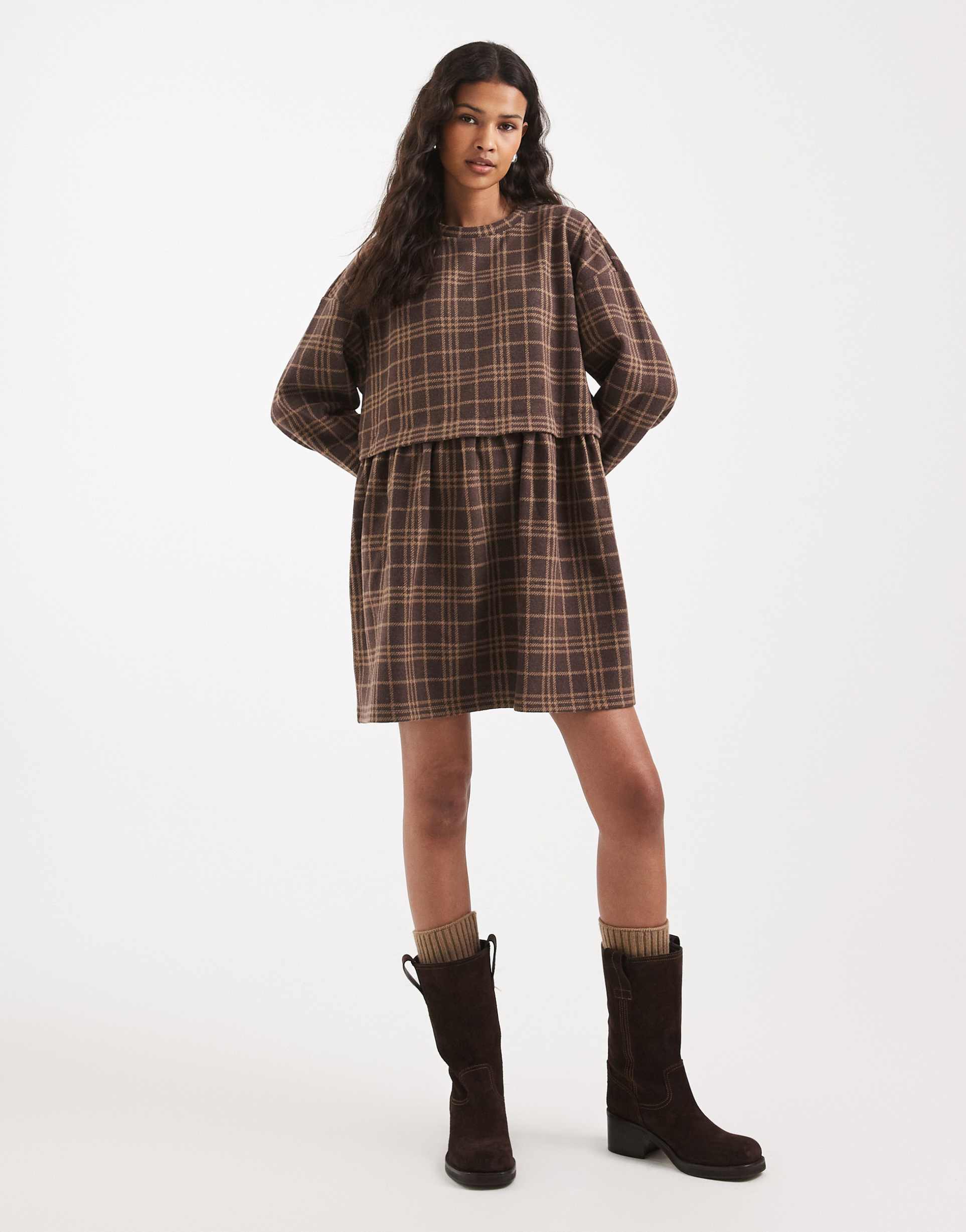 miss selfridge plaid short sleeve layered smock dress