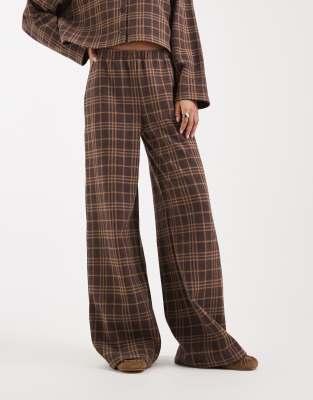 Miss Selfridge Plaid Soft Rib Wide Leg Pants-multi In Brown