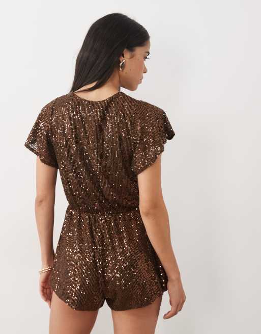 Miss Selfridge playsuit con paillettes e maniche a pipistrello color cioccolato, 4 di 4