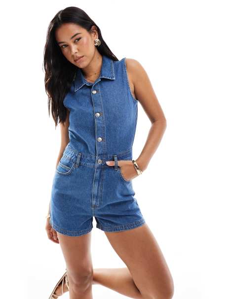 Miss Selfridge – Playsuit i mellanblå denim - view 1