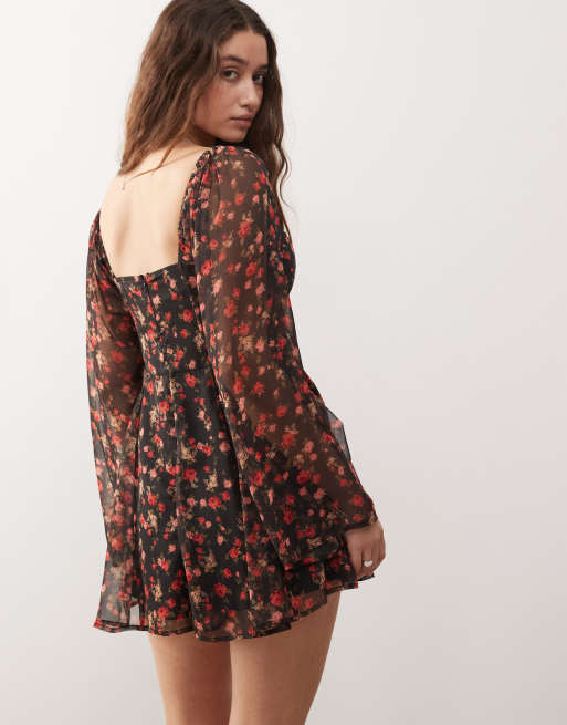 Miss Selfridge - Playsuit med korsetdetaljer og blomsterprint i chiffon, 4 af 4