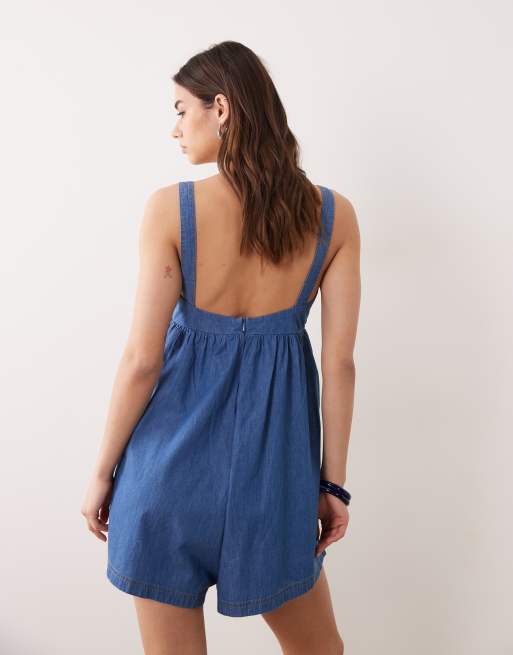 Miss Selfridge - Playsuit med pintucks i denim i blå vask, 4 af 4
