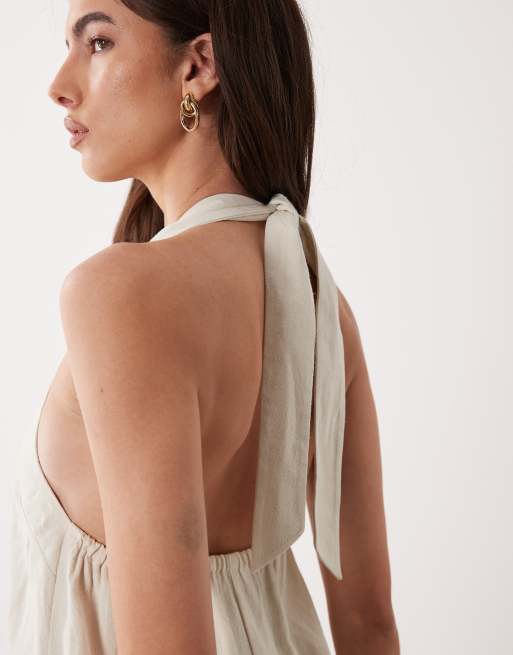 Miss Selfridge - Playsuit met linnenlook en halternek in stone, 3 van 4