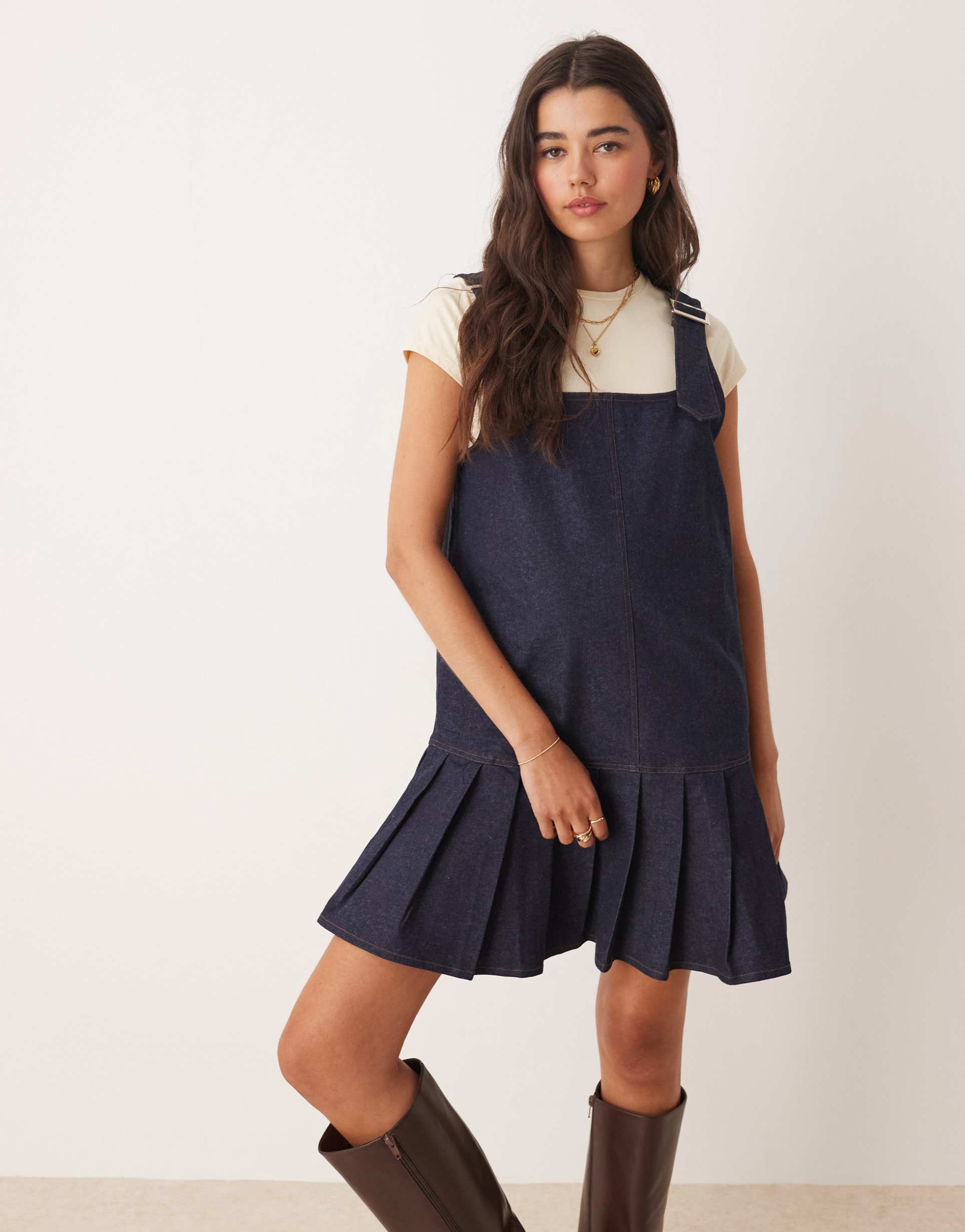 miss selfridge pleated denim drop waist pinafore dress in indigo