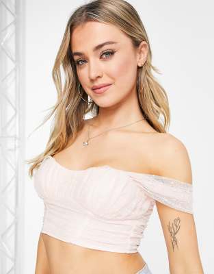 Miss Selfridge pleated dobby mesh bardot crop top in blush