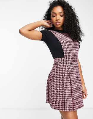 Miss Selfridge Pleated Dogtooth Pinny Dress With Diamante Trim Detail In Black And Pink-multi