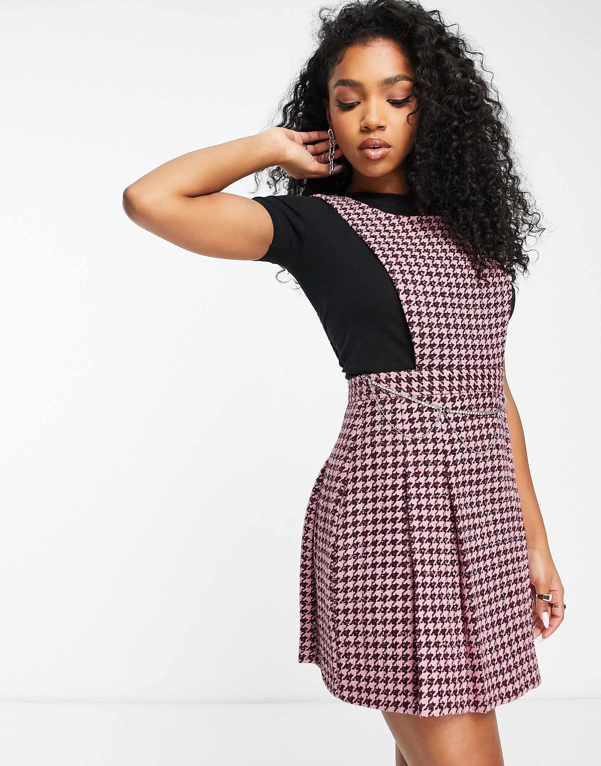 miss selfridge pleated dogtooth pinny dress with diamante trim detail in black and pink