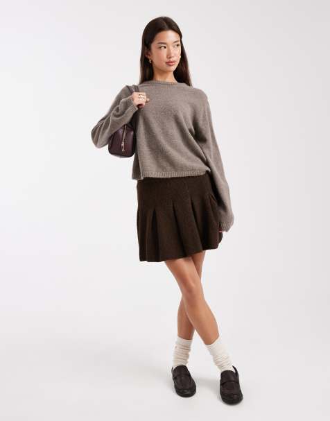 Miss Selfridge pleated knit mini skirt in chocolate - view 1