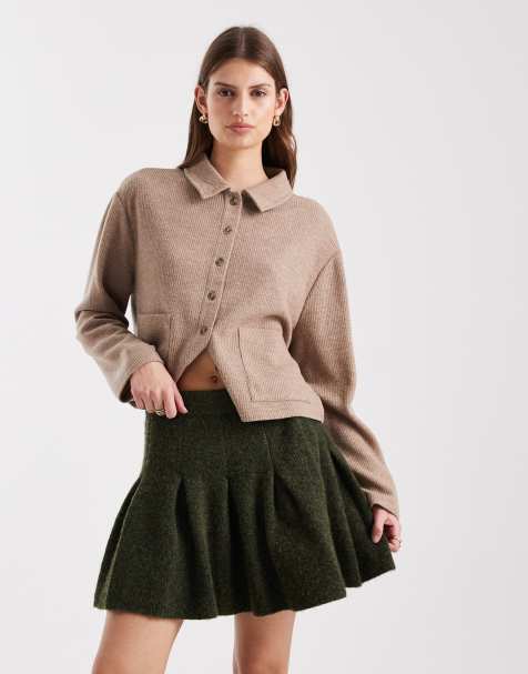 Miss Selfridge pleated knit mini skirt in olive - view 1