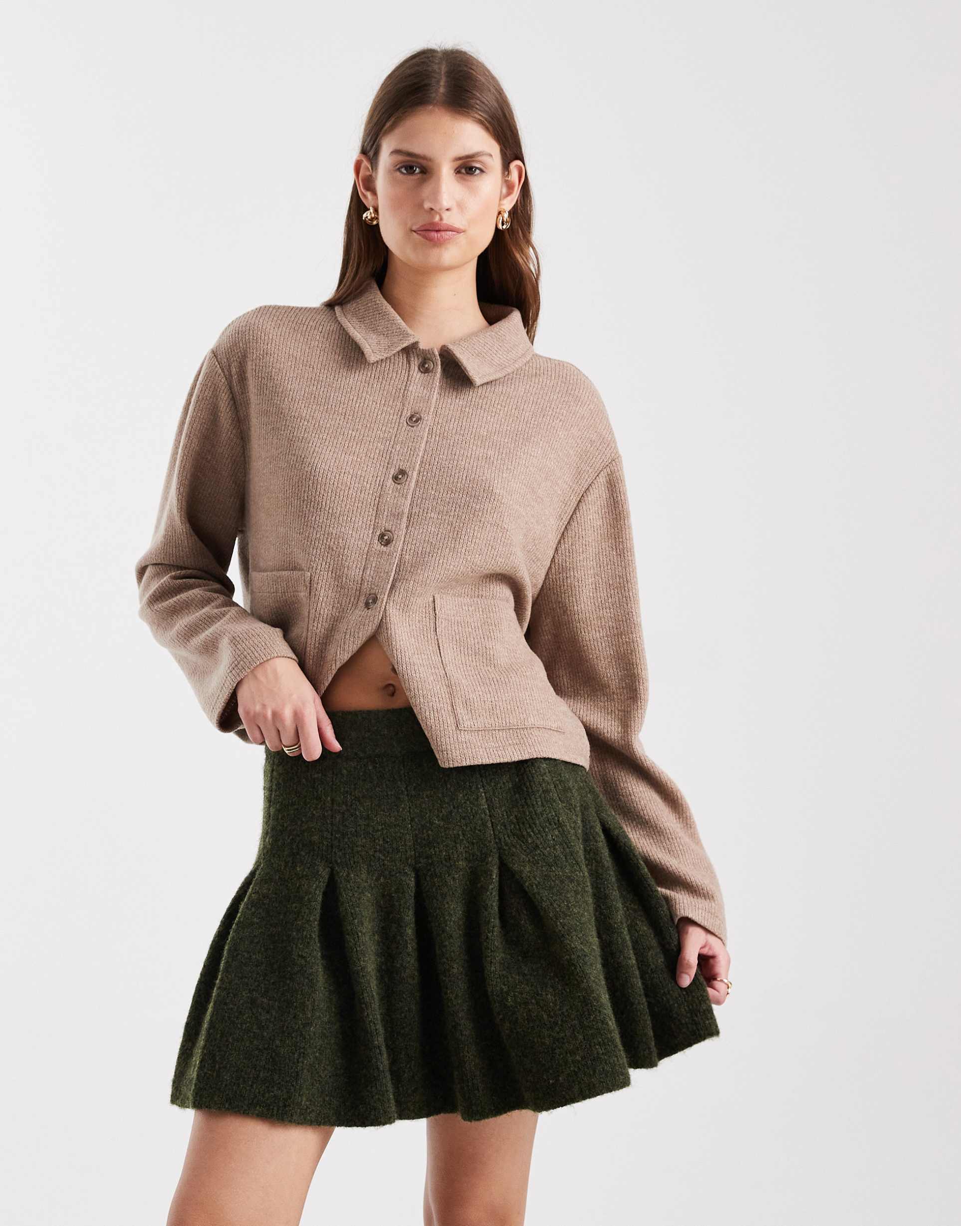 miss selfridge pleated knit mini skirt in olive