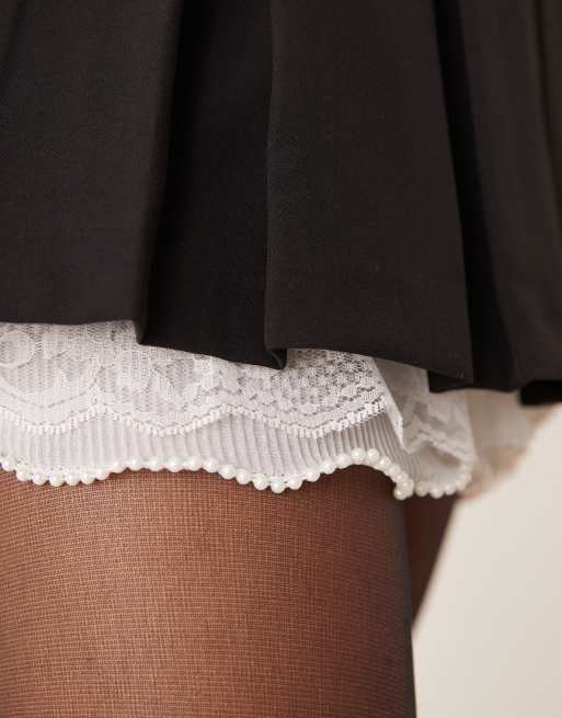 Miss Selfridge pleated mini skirt with lace hem in black, 2 of 5