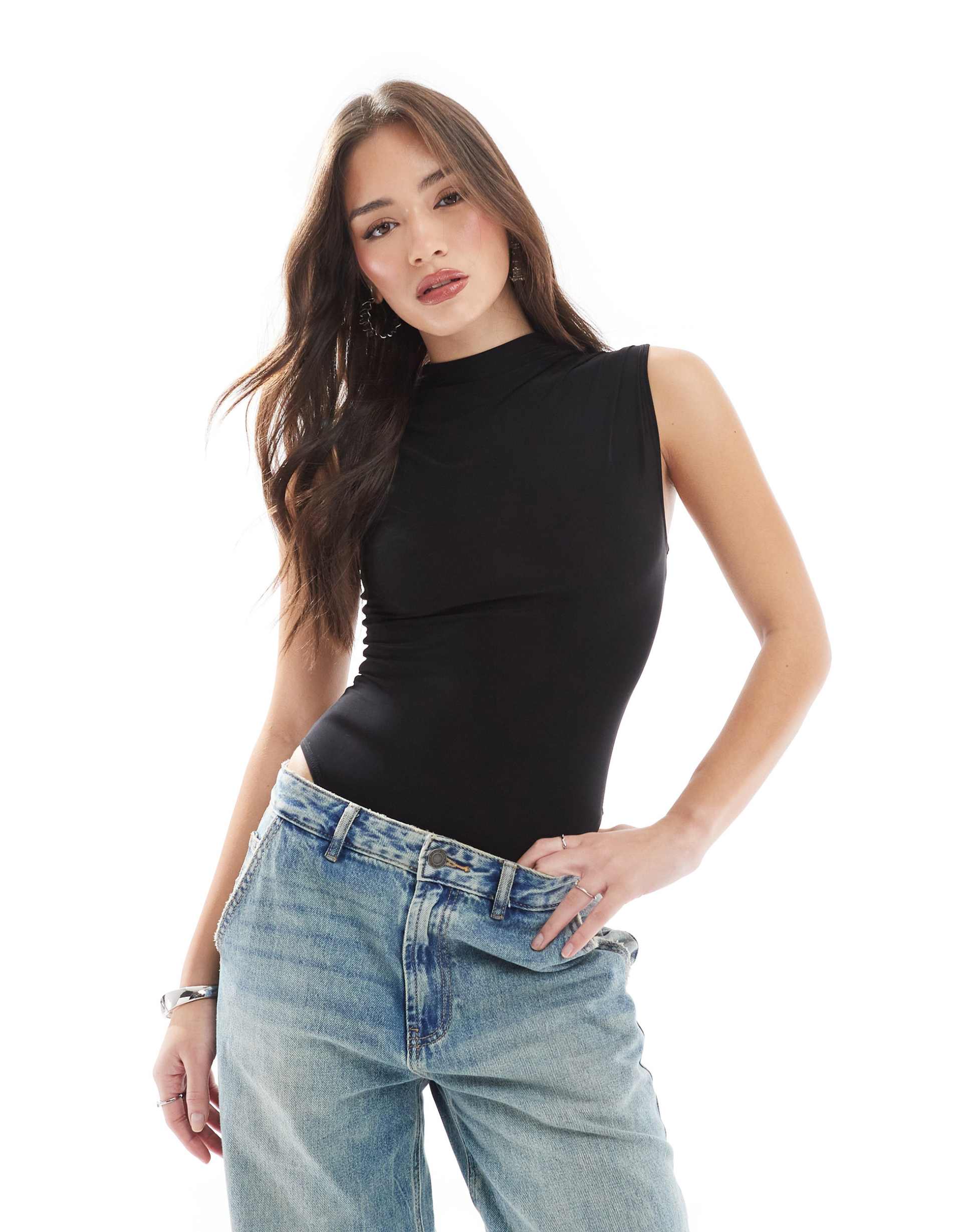 miss selfridge pleated shoulder sleeveless bodysuit in black