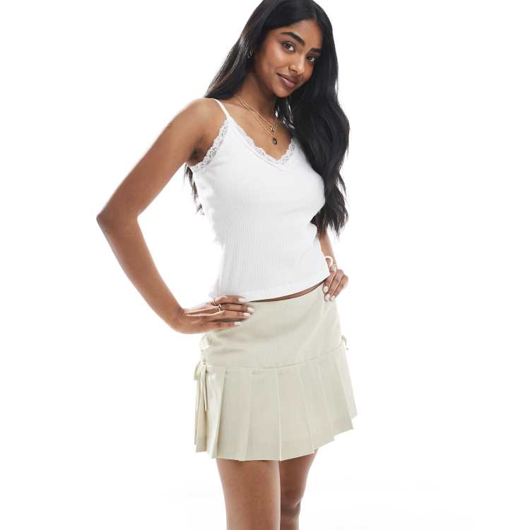 Miss Selfridge pleated skirt with ribbon detail in stone | ASOS