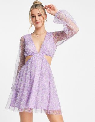 Miss Selfridge plisse cut out mini dress in lilac ditsy