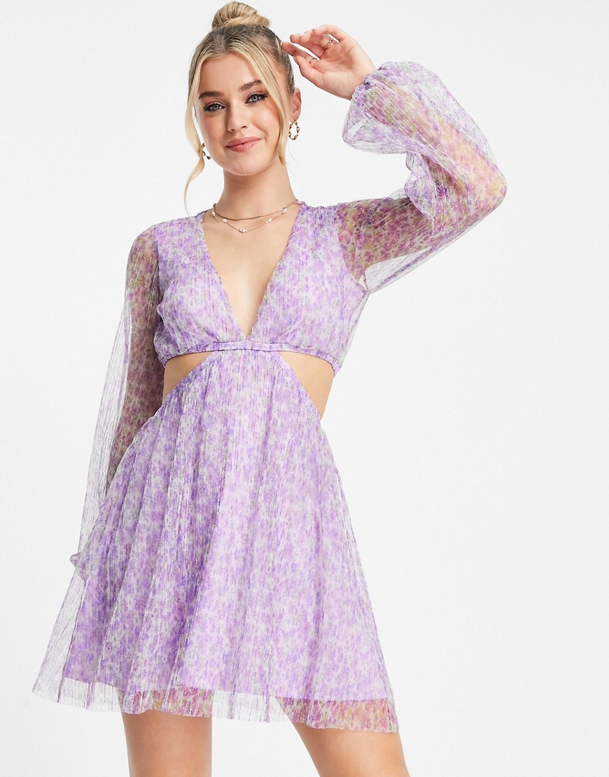 Miss Selfridge plisse cut out mini dress in lilac ditsy-Purple