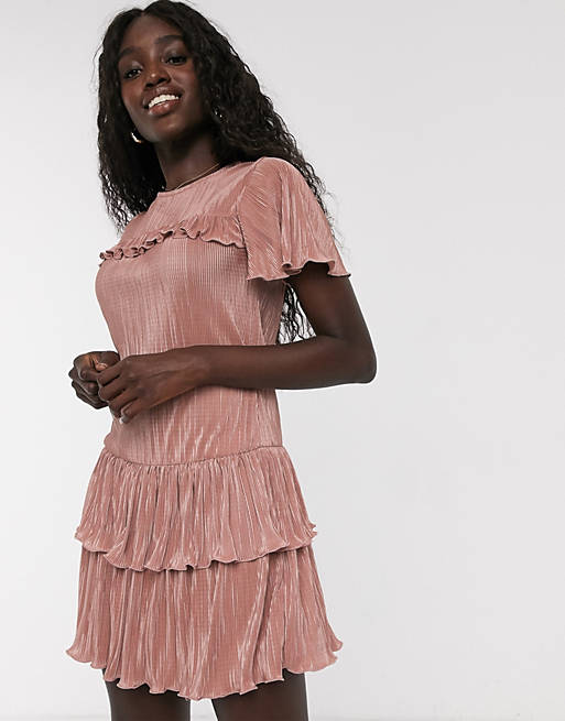 Miss Selfridge plisse mini dress with frills in pink - asos