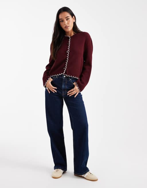 Miss Selfridge – Plommonfärgad kofta med langettsömmar, 3 av 4