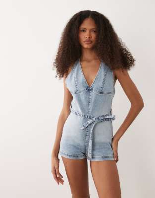 Miss Selfridge Plunge Neck Tie Waist Romper In Blue