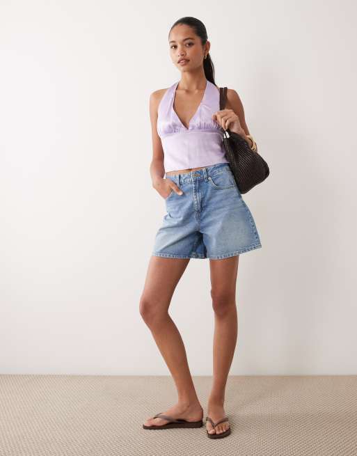 Miss Selfridge plunge satin halter top in lilac, 3 of 4
