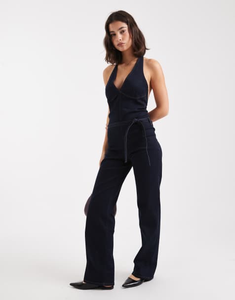 Miss Selfridge plunge tie waist jumpsuit in indigo - view 1