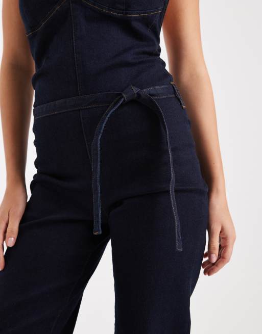 Miss Selfridge plunge tie waist jumpsuit in indigo, 3 of 4