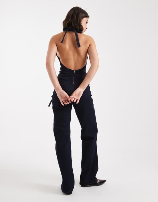 Miss Selfridge plunge tie waist jumpsuit in indigo, 4 of 4