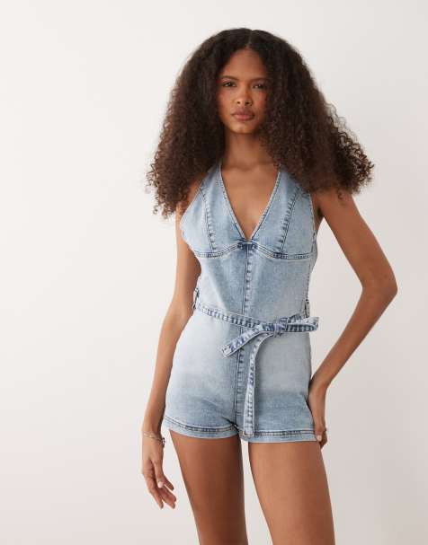 Miss Selfridge plunge tie waist playsuit in blue wash - view 1