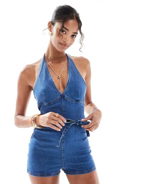Miss Selfridge plunge tie waist playsuit in mid wash - view 1