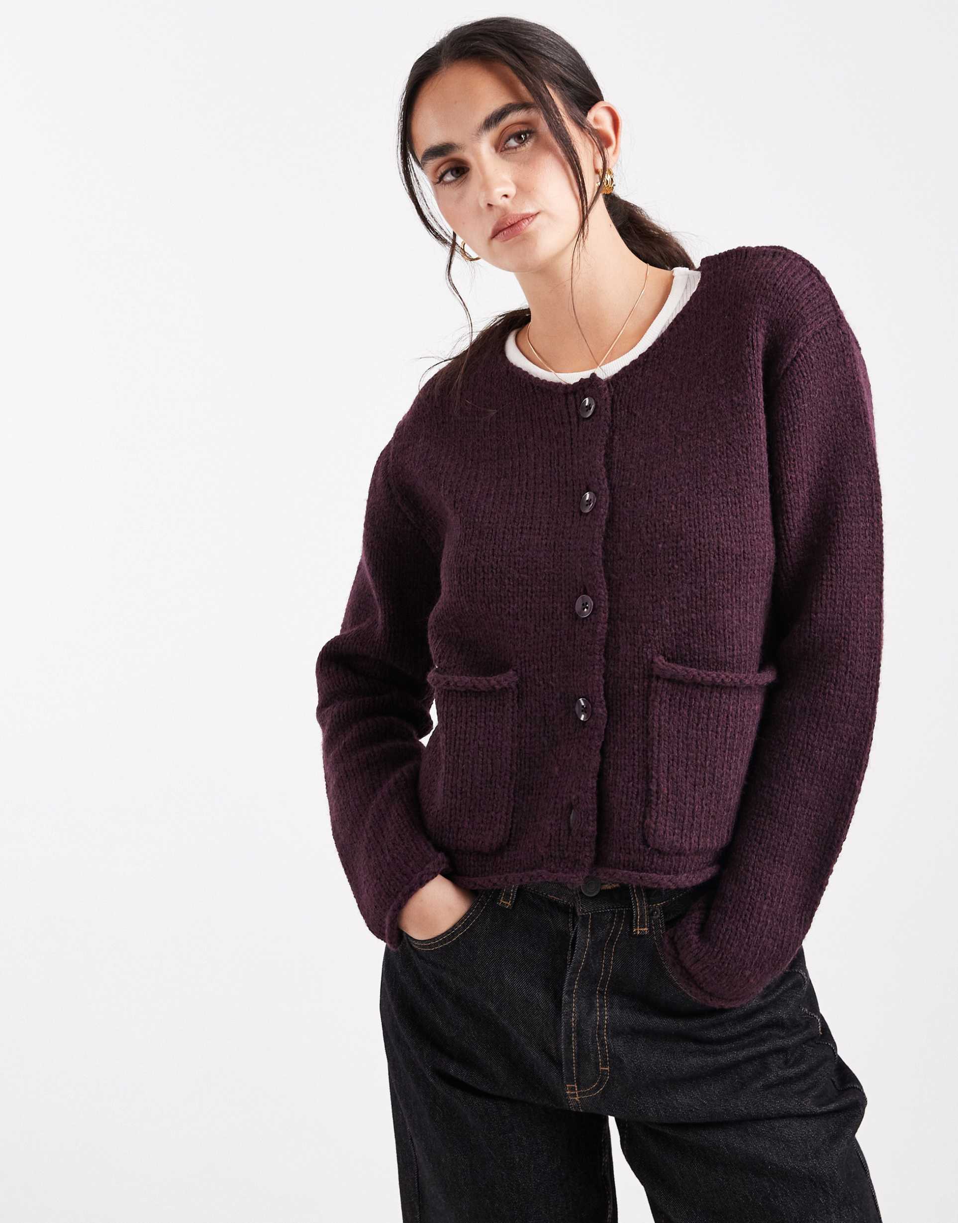miss selfridge pocket detail cardigan in plum