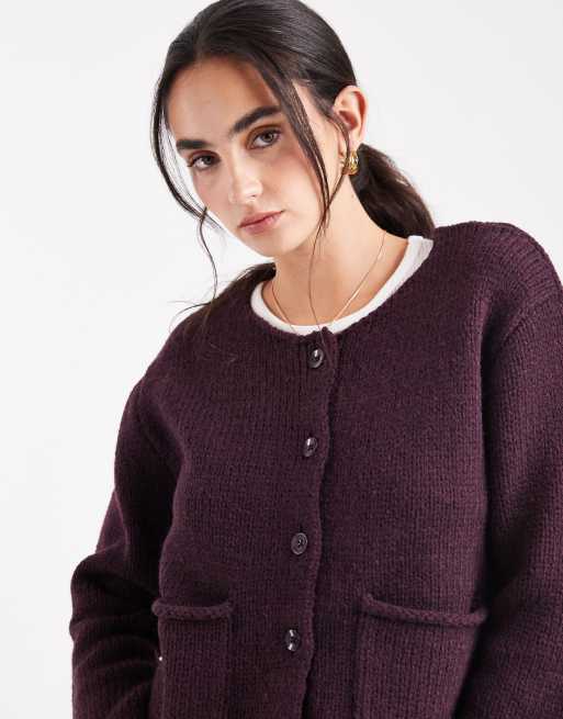 Miss Selfridge pocket detail cardigan in plum, 4 of 4