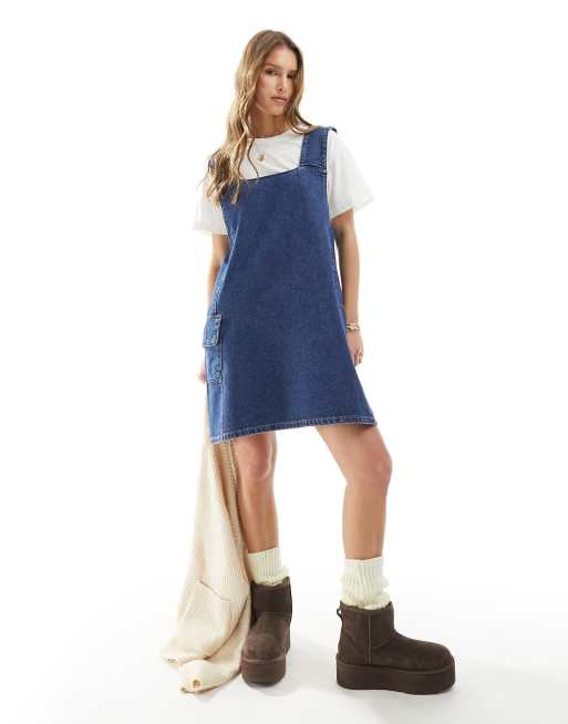 NEW Womens Denim Dungaree Dress Jean Skirt Pinafore Indigo Sizes 8 10 12 14