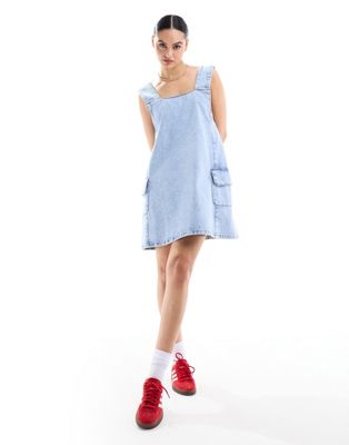 Miss Selfridge Pocket Detail Denim Swing Pinny Dress In Light Blue Acid Wash