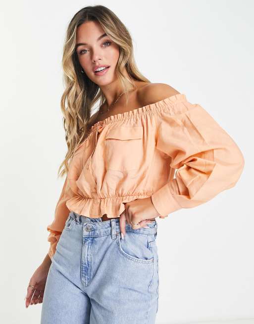 Miss Selfridge pocket detail linen bardot crop top in apricot 