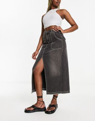 Miss Selfridge Pocket Detail Maxi Skirt In Black Wash With Contrast Stitching