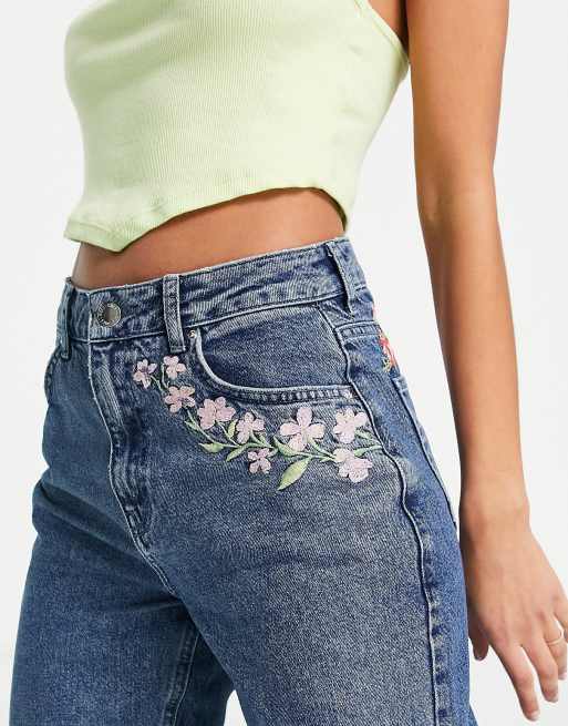 Miss Selfridge pocket embroidered mom jean in mid wash