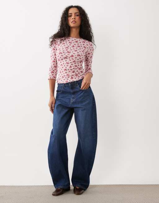 Miss Selfridge pointelle 3/4 sleeve t-shirt in pink ditsy print, 2 of 4