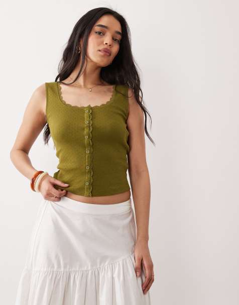 Miss Selfridge pointelle button through vest with lace trim in khaki