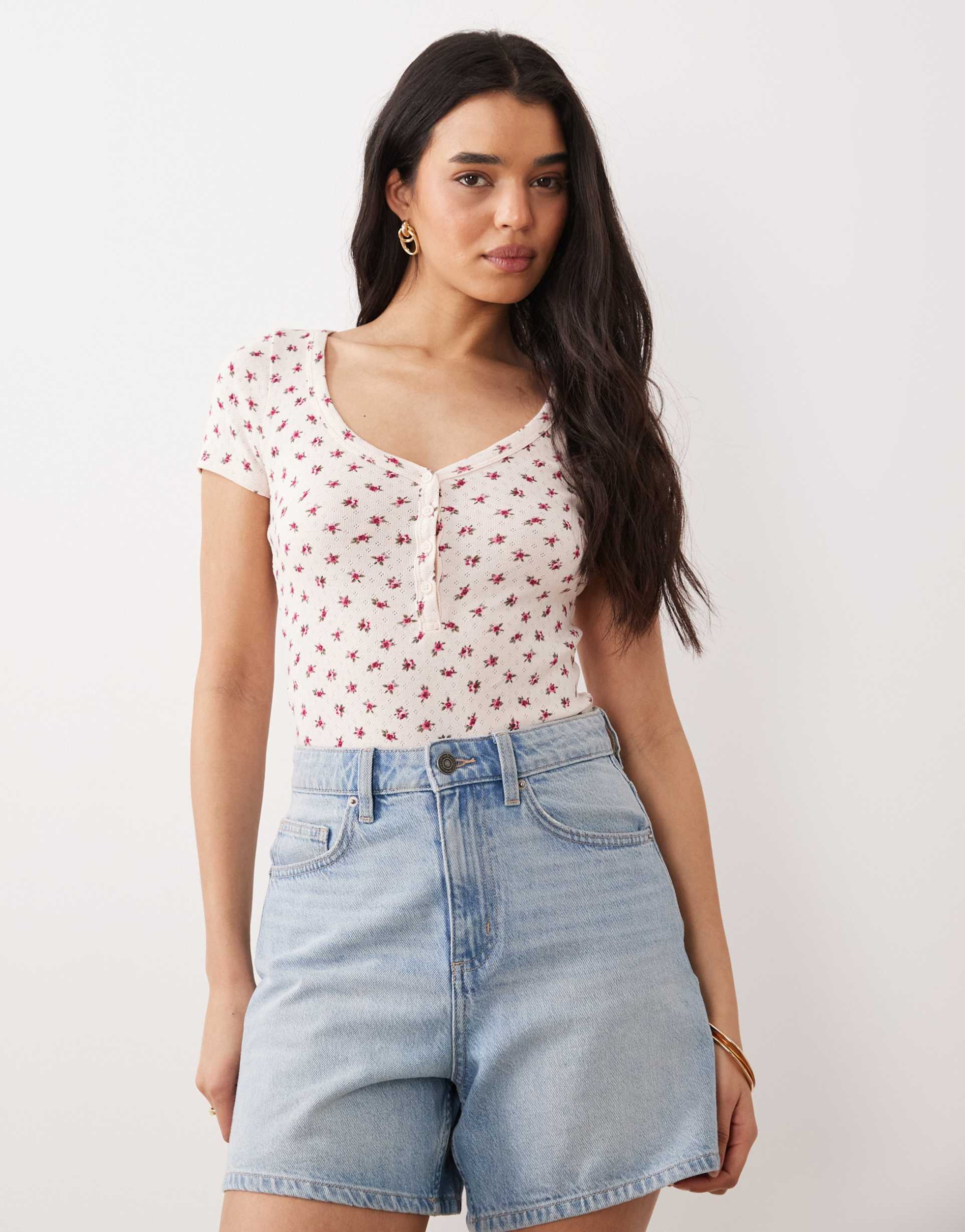 miss selfridge pointelle button up bodysuit in white floral print