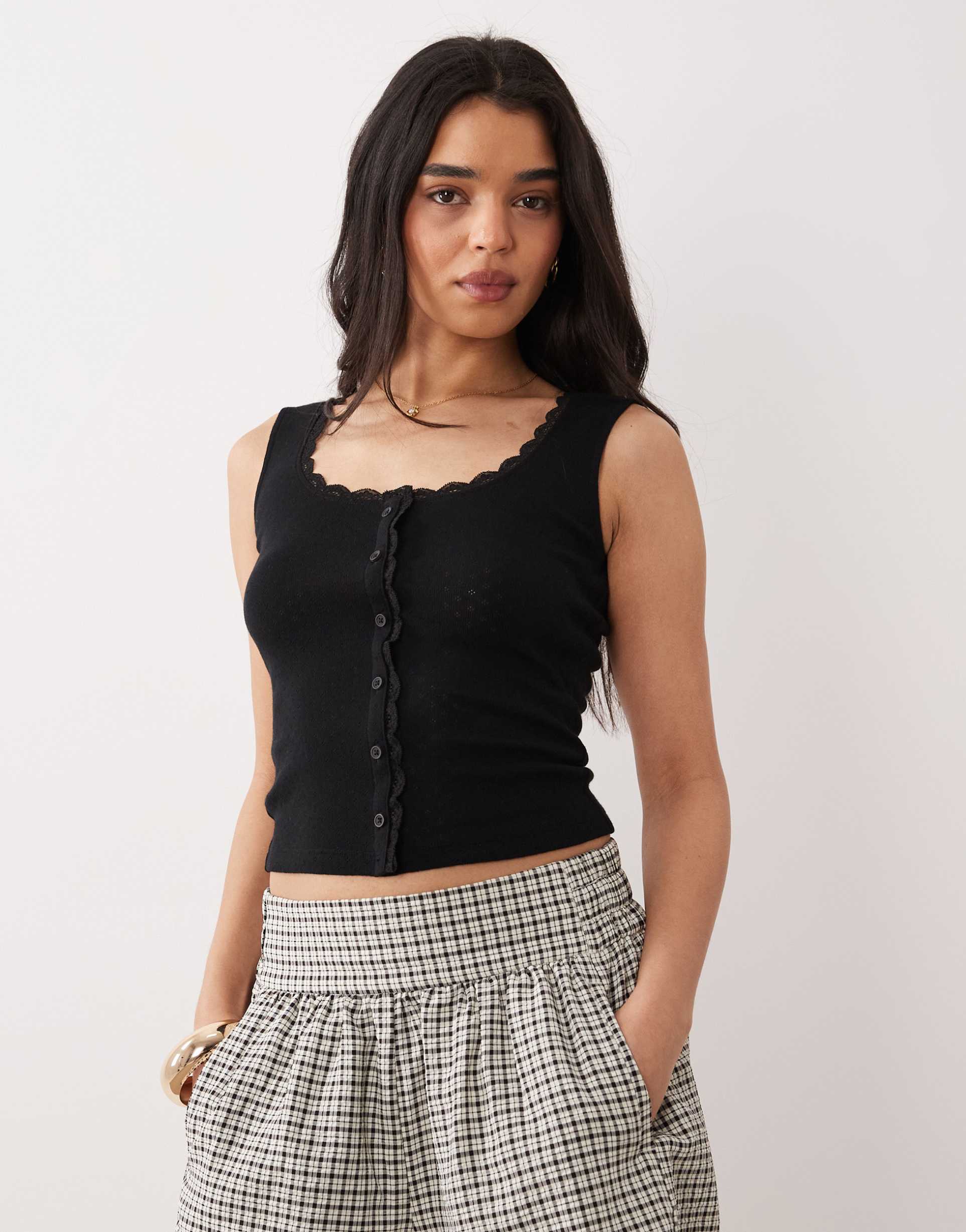 miss selfridge pointelle button up tank top with lace trim in black