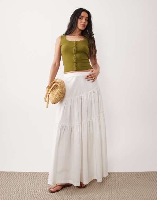 Miss Selfridge pointelle button up tank top with lace trim in khaki green, 2 of 4