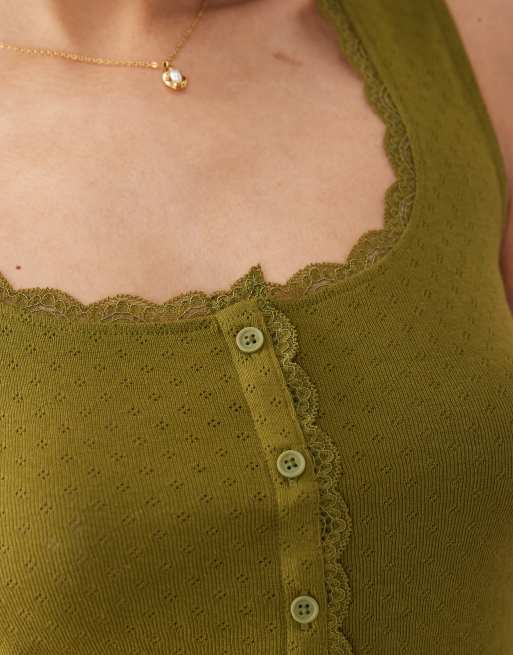 Miss Selfridge pointelle button up tank top with lace trim in khaki green, 3 of 4