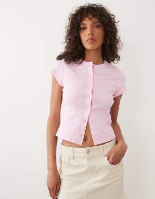 Miss Selfridge Short Sleeve Ribbed Button Up Top In Pink