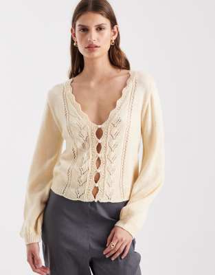 Miss Selfridge Pointelle Faux Pearl Detail Sweater In Neutral